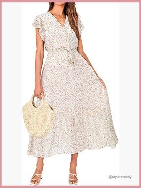 Polyester Summer Bohemian Floral Wrap V Neck Ruffle Sleeveless Midi Dress